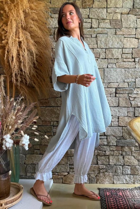 Tasha Cushion Cotton Oversized Shirt Tunic Pearl